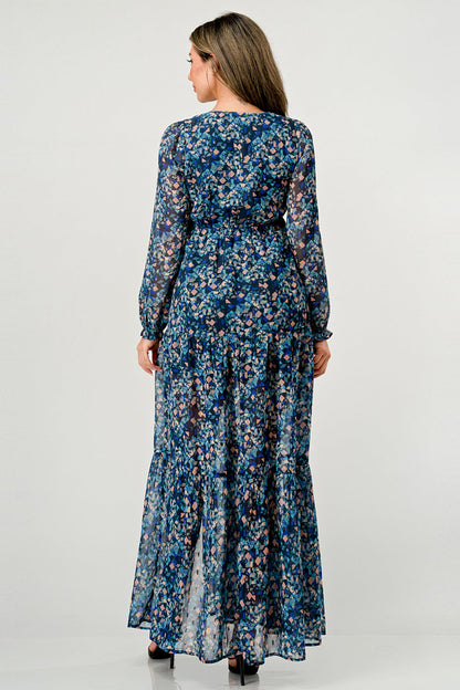 V Neck Long Sleeve Slit Front Tiered Maxi Dress