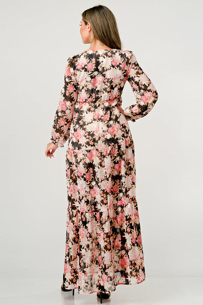 V Neck Long Sleeve Slit Front Tiered Maxi Dress