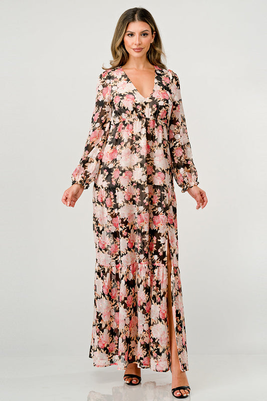 V Neck Long Sleeve Slit Front Tiered Maxi Dress