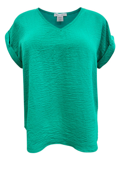 V Neck Short Fold Up Sleeve Solid Top
