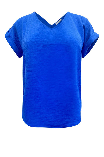 V Neck Short Fold Up Sleeve Solid Top