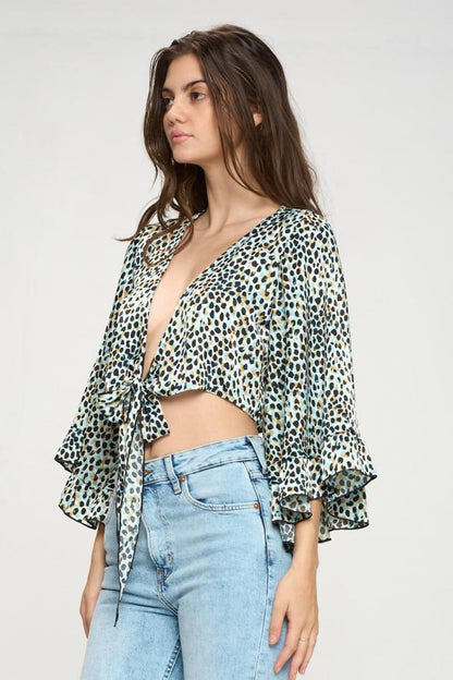 Wide Ruffle Sleeves Tie Crop Cardigan Leopard