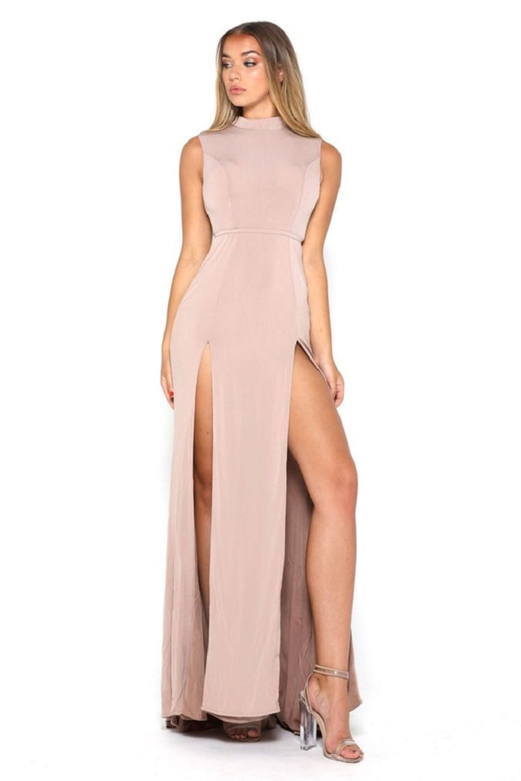 Nude High Neck Long Semi-Formal Dress