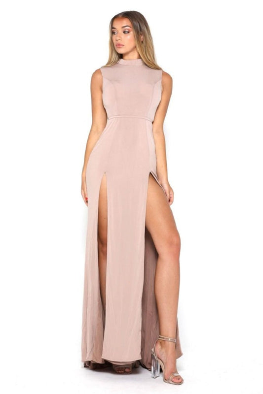 Nude High Neck Long Semi-Formal Dress