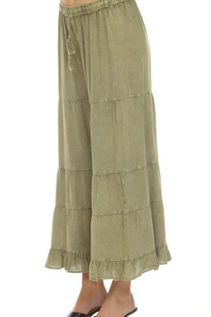 Olive Stone Wash Long Tiered Pant