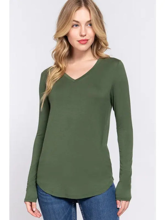 Olive Green Long Sleeve V-Neck Rayon Spandex Jersey Top