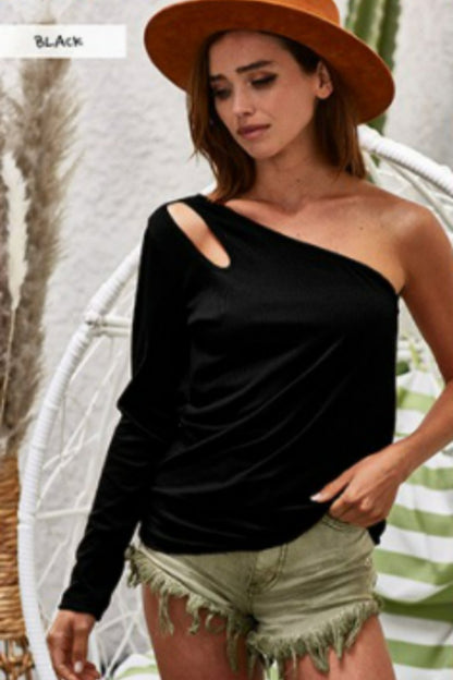 One Shoulder Cut Out Detail Soft Ribbed Knit Top