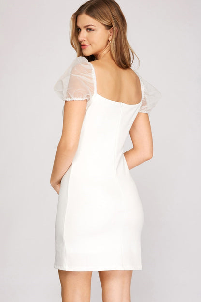 Organza Puff-Sleeve Knit-Dress