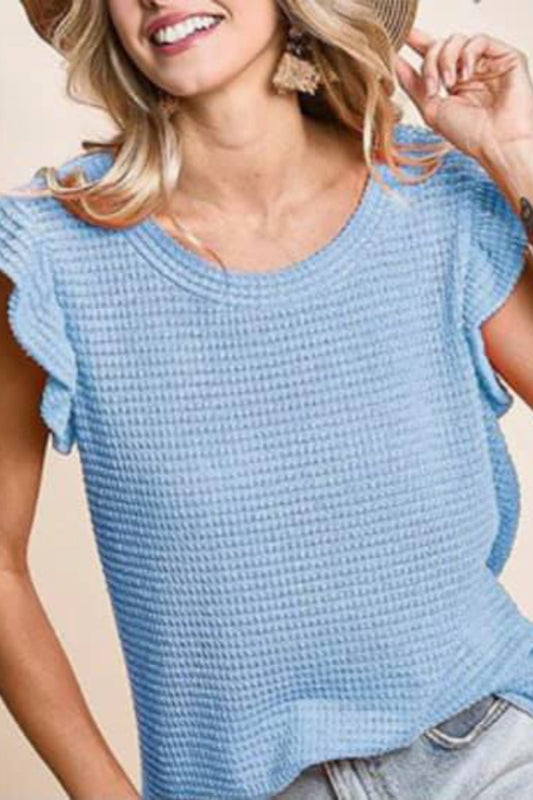 Popcorn Waffle Knit Ruffled Sleeve Top