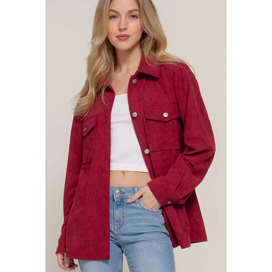 Women's Wine Long Sleeve Front Pocket Button Down Corduroy Jacket