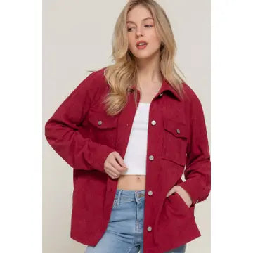 Women's Wine Long Sleeve Front Pocket Button Down Corduroy Jacket