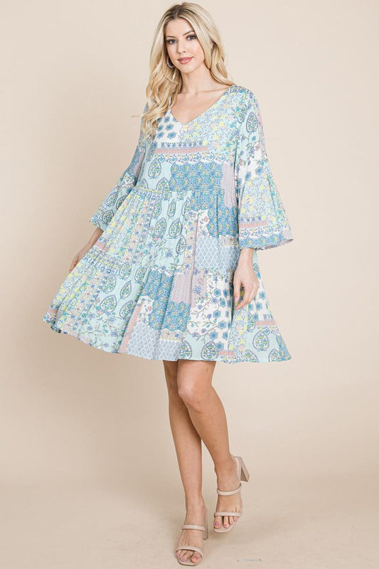 3/4 Sleeve Pleated Floral Flowy Boho Swing Dresses