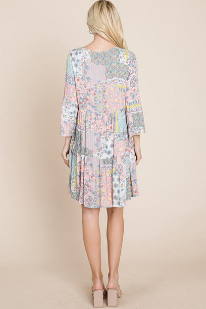 3/4 Sleeve Pleated Floral Flowy Boho Swing Dresses