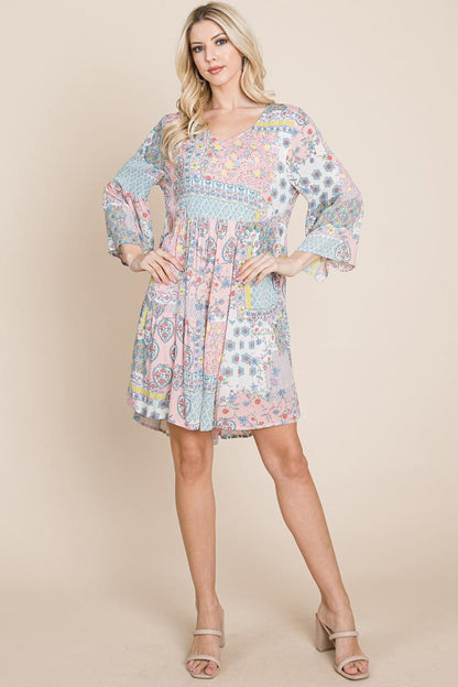 3/4 Sleeve Pleated Floral Flowy Boho Swing Dresses