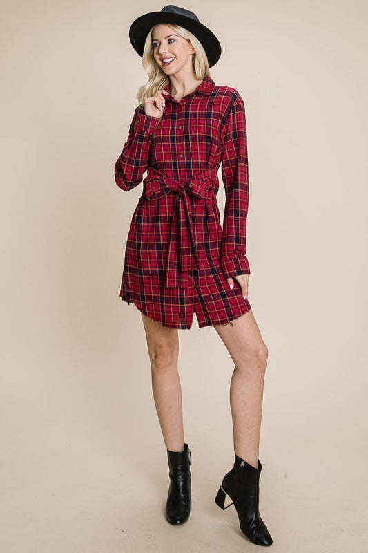 Belted Casual Tunic Cotton Plaid T Shirt Dresses