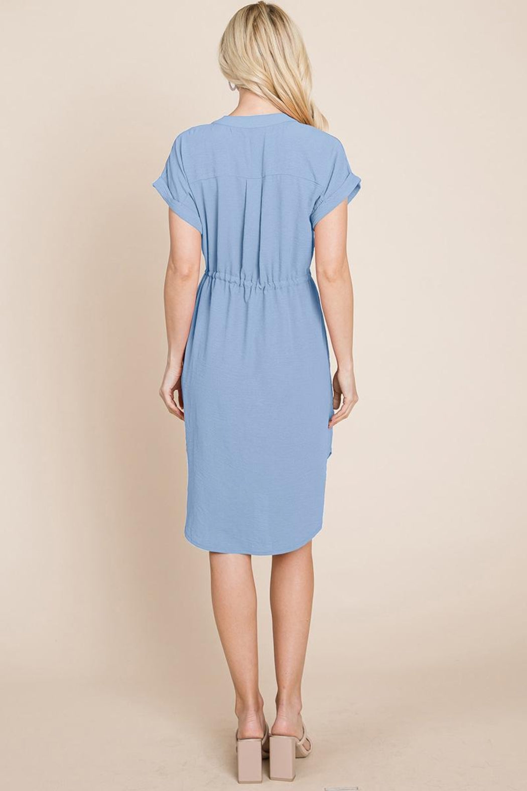 Button Down Solid Drawstring Waist Shirt Dress