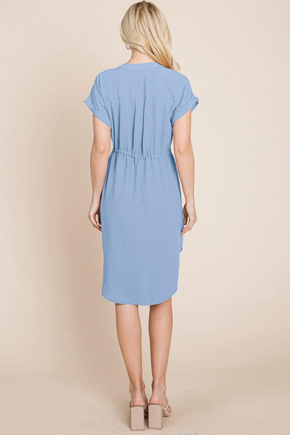 Button Down Solid Drawstring Waist Shirt Dress
