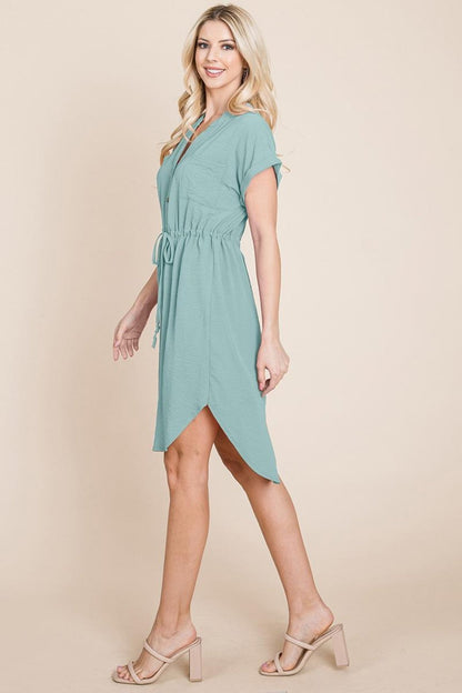 Button Down Solid Drawstring Waist Shirt Dress