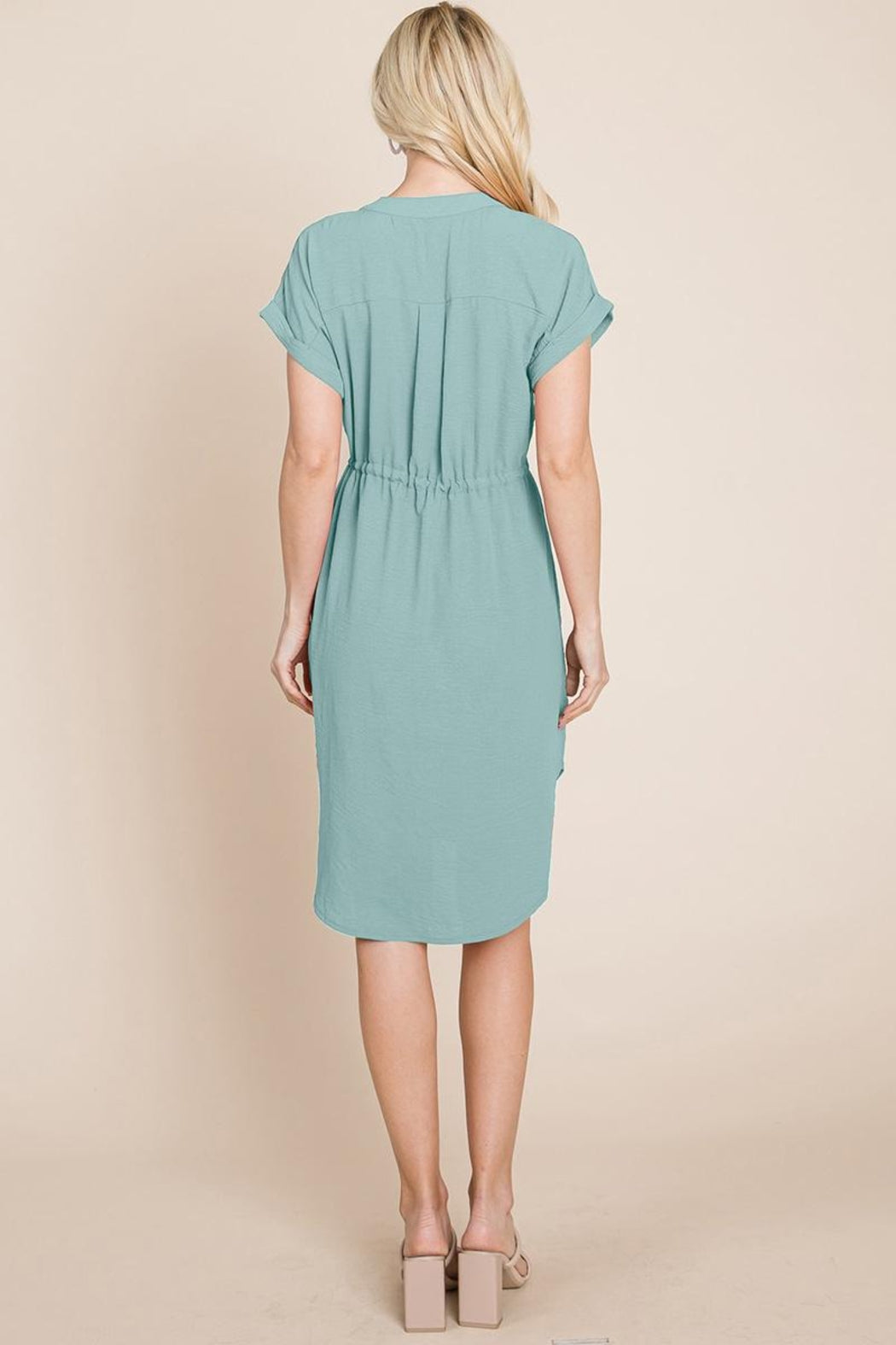 Button Down Solid Drawstring Waist Shirt Dress