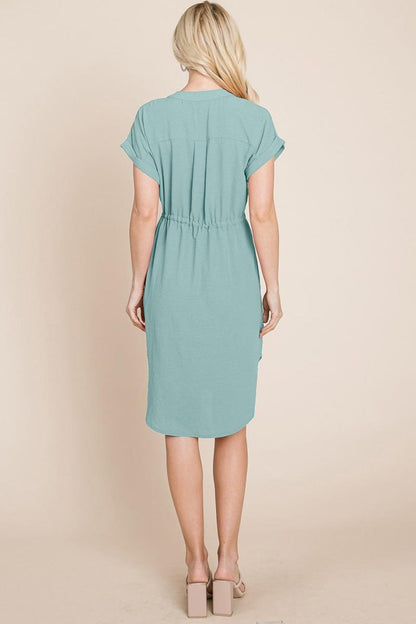 Button Down Solid Drawstring Waist Shirt Dress
