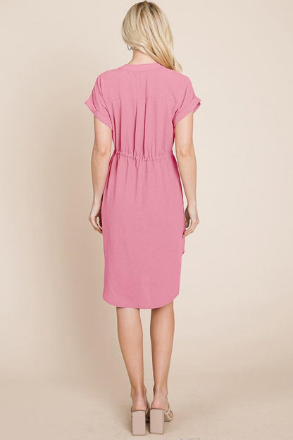 Button Down Solid Drawstring Waist Shirt Dress