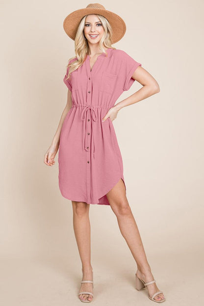 Button Down Solid Drawstring Waist Shirt Dress