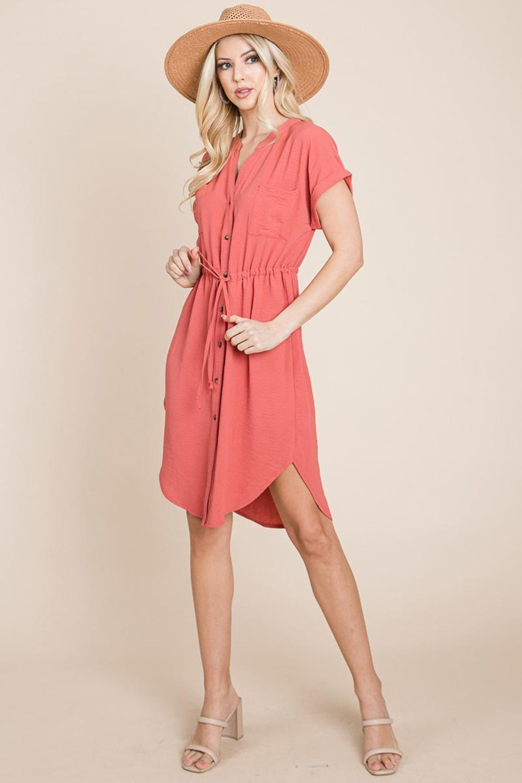 Button Down Solid Drawstring Waist Shirt Dress