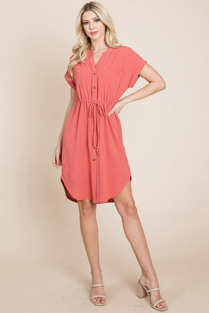 Button Down Solid Drawstring Waist Shirt Dress
