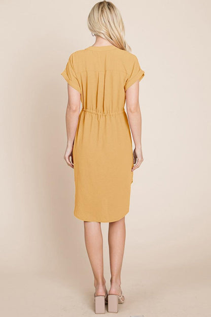 Button Down Solid Drawstring Waist Shirt Dress