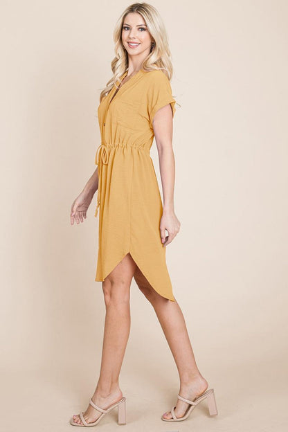 Button Down Solid Drawstring Waist Shirt Dress