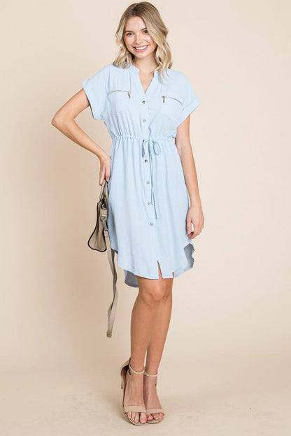 Button Up Tie Waist V Neck Shirt Dress