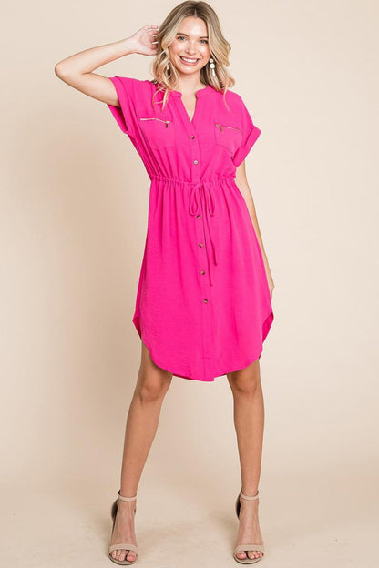 Button Up Tie Waist V Neck Shirt Dress