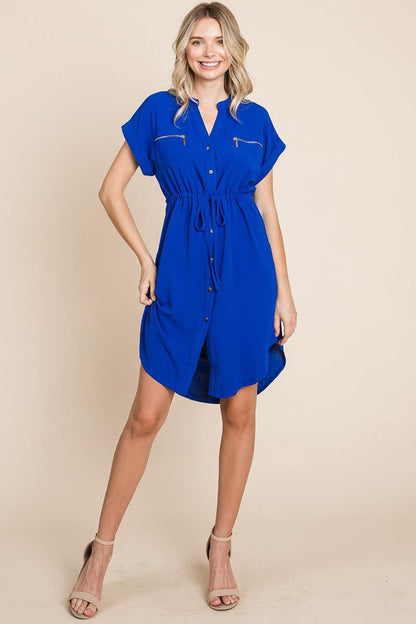 Button Up Tie Waist V Neck Shirt Dress