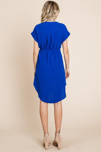 Button Up Tie Waist V Neck Shirt Dress