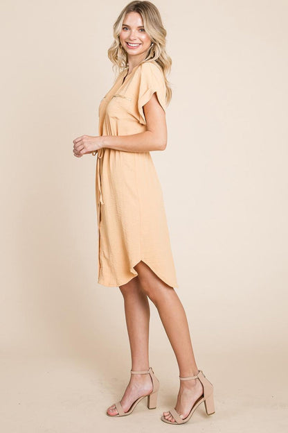 Button Up Tie Waist V Neck Shirt Dress