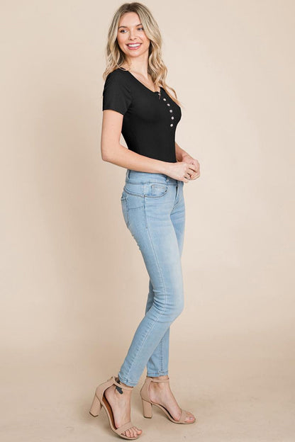 Short Sleeve Scoop Neck Ribbed Henley Bodysuit
