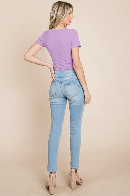 Short Sleeve Scoop Neck Ribbed Henley Bodysuit