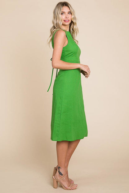Sleeveless Tied Backless Pleated Midi Linen Dress