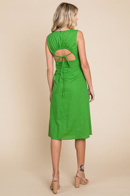 Sleeveless Tied Backless Pleated Midi Linen Dress