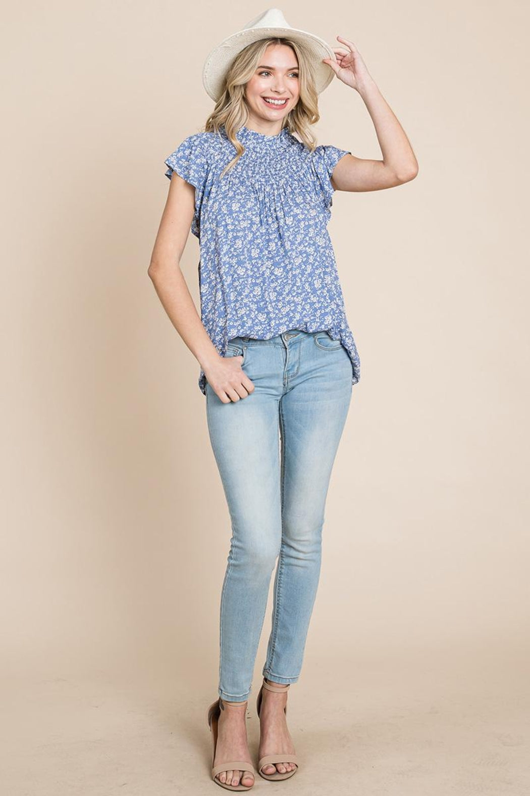 Smocked Neck Flutter Sleeve Floral Printed Tops