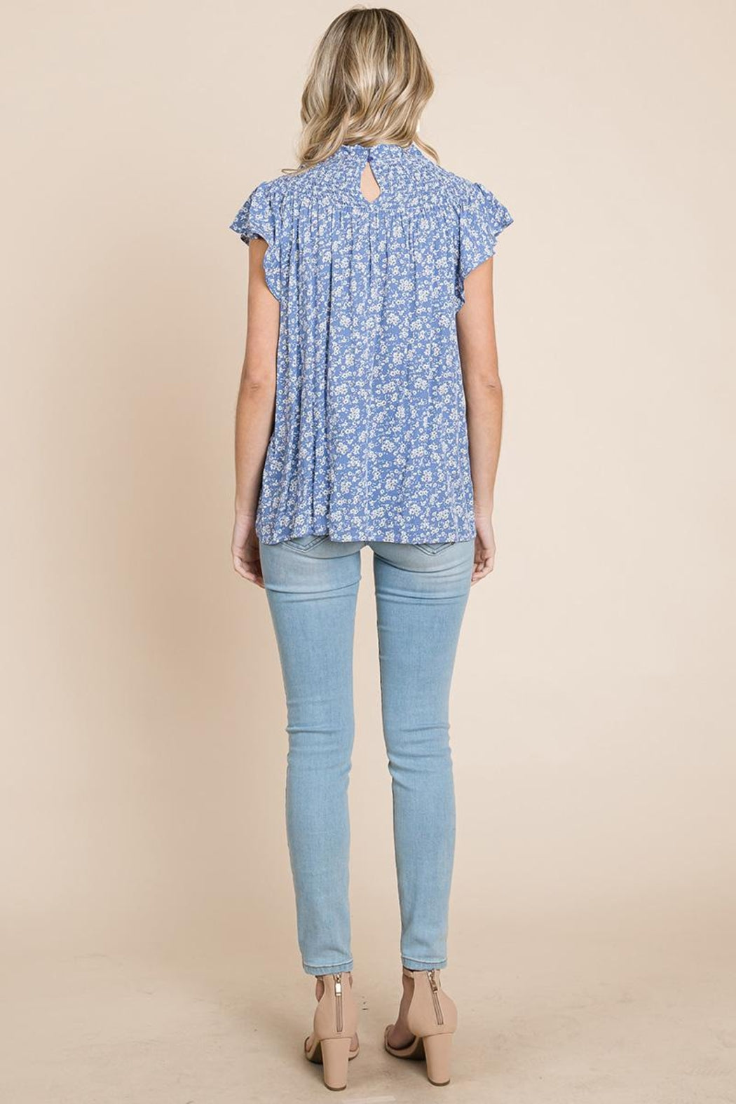 Smocked Neck Flutter Sleeve Floral Printed Tops