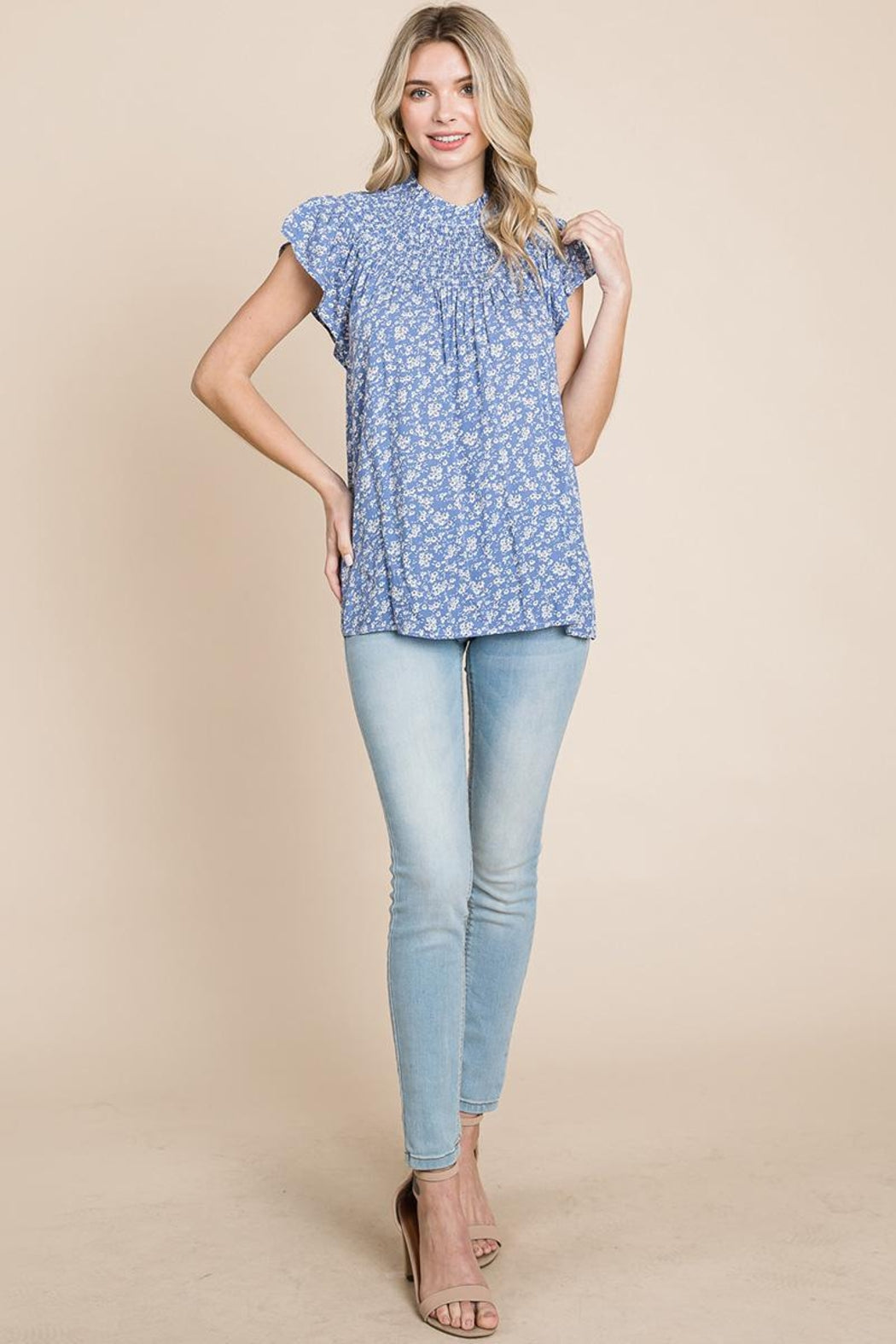Smocked Neck Flutter Sleeve Floral Printed Tops