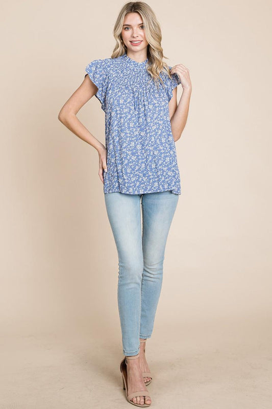 Smocked Neck Flutter Sleeve Floral Printed Tops