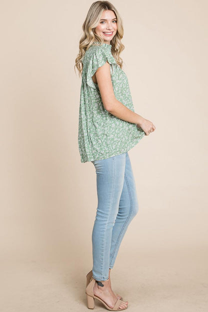 Smocked Neck Flutter Sleeve Floral Printed Tops