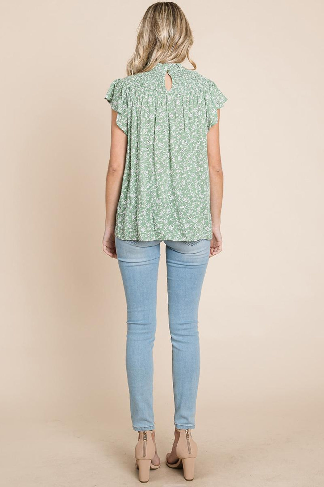 Smocked Neck Flutter Sleeve Floral Printed Tops