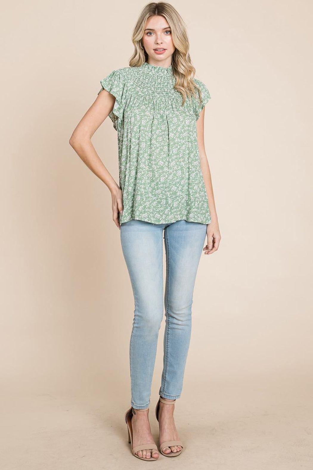 Smocked Neck Flutter Sleeve Floral Printed Tops