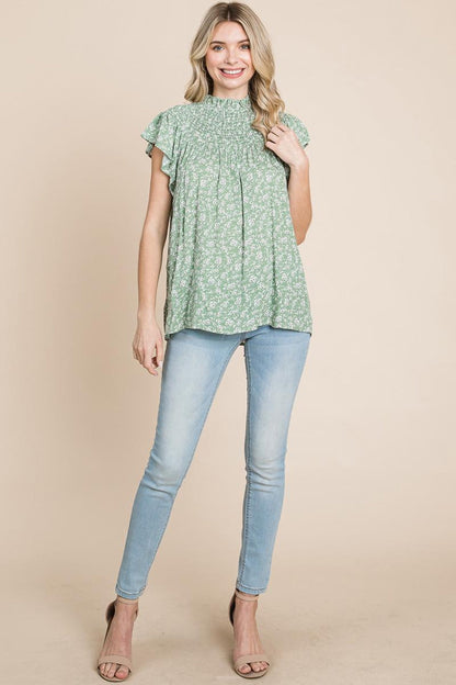 Smocked Neck Flutter Sleeve Floral Printed Tops