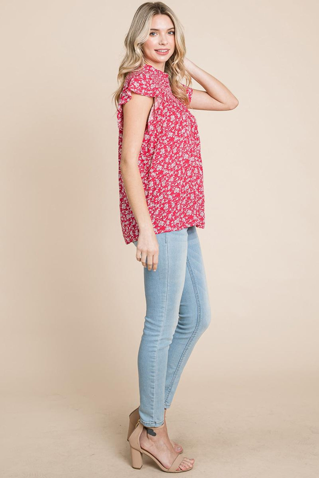 Smocked Neck Flutter Sleeve Floral Printed Tops
