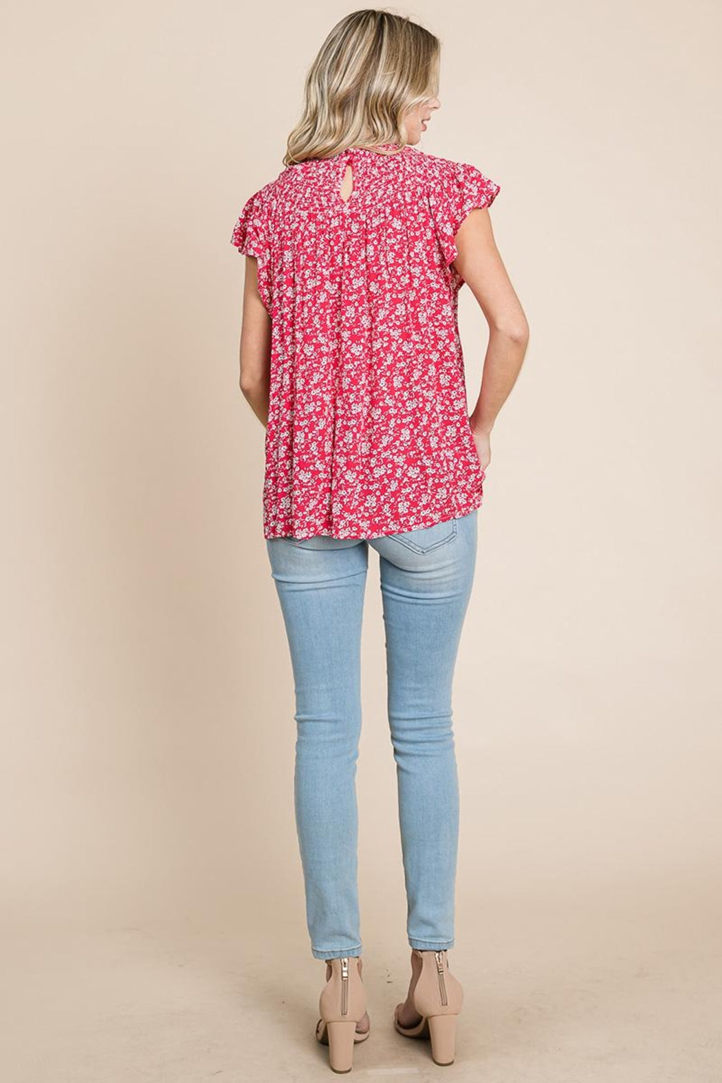 Smocked Neck Flutter Sleeve Floral Printed Tops