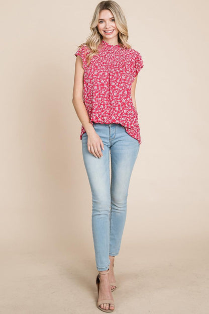 Smocked Neck Flutter Sleeve Floral Printed Tops